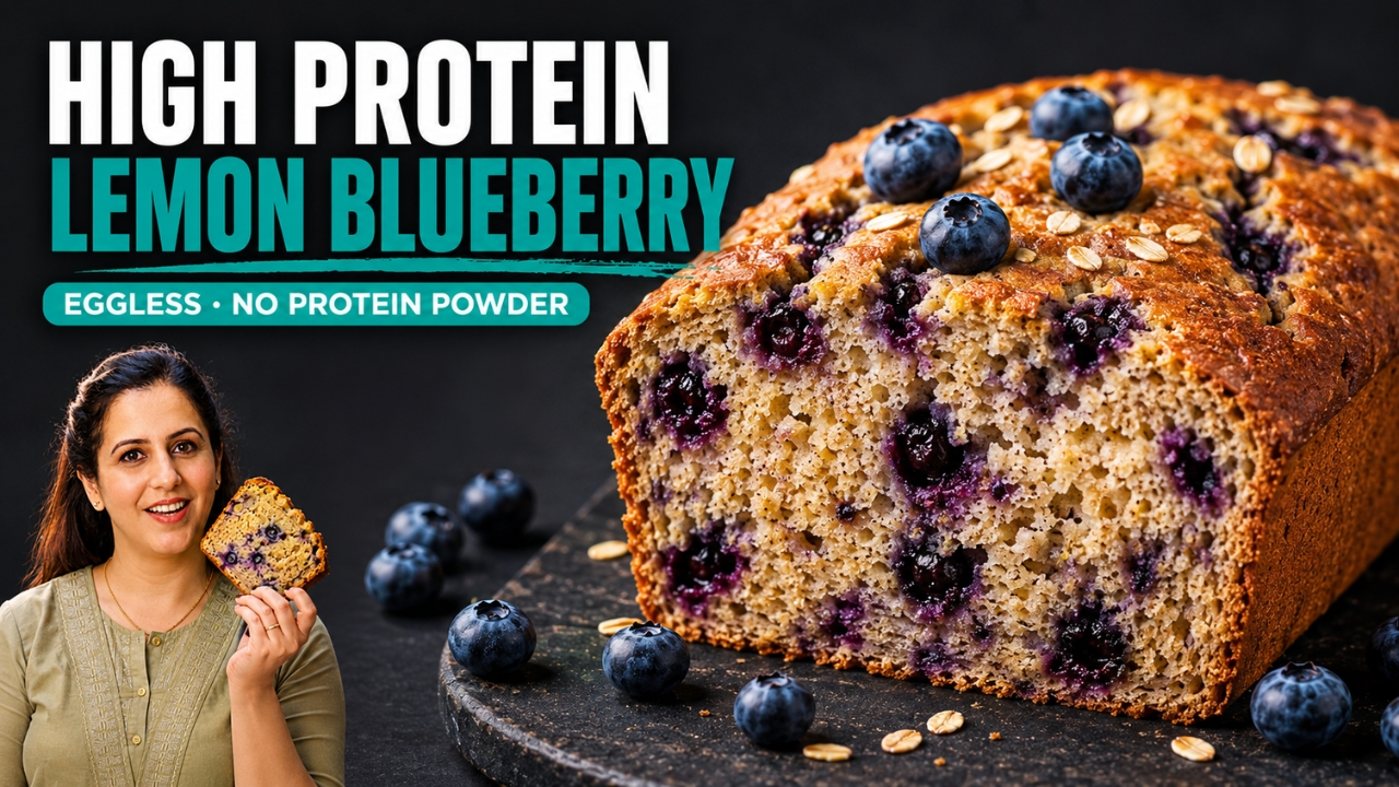 High Protein Greek Yogurt Breakfast Bread | Flourless Lemon Blueberry Oat Bread (Eggless)