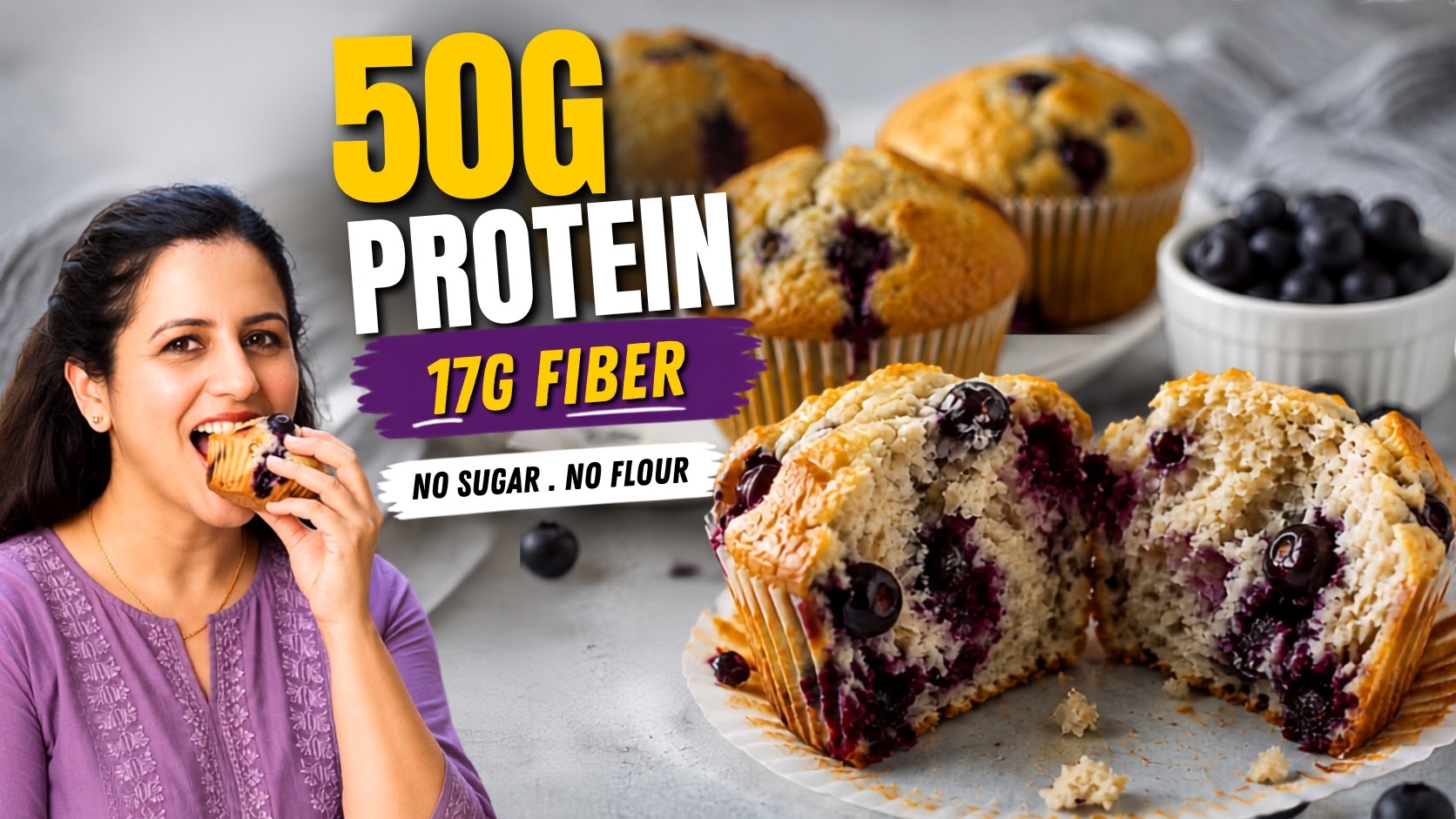 No Flour High Protein Blueberry Muffins | No Sugar, Cottage Cheese Oat Muffins