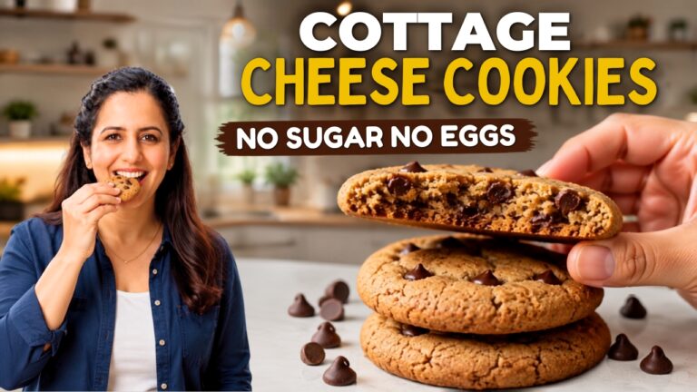 Stack of eggless cottage cheese cookies with melty dark chocolate chunks