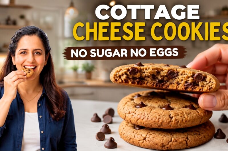 Stack of eggless cottage cheese cookies with melty dark chocolate chunks
