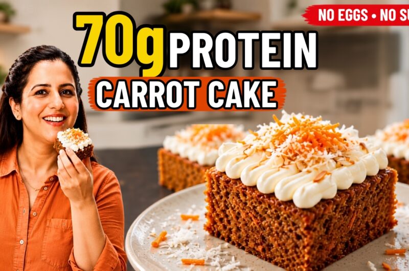 Slice of high protein carrot cake with Greek yogurt frosting and walnuts on a plate