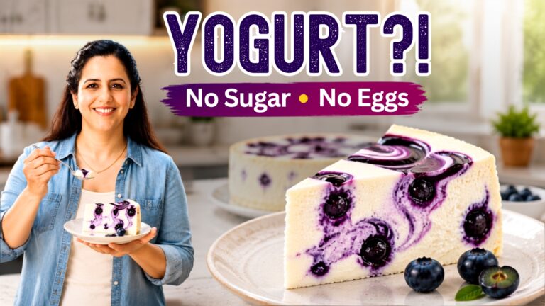 eggless baked yogurt cheesecake with blueberry swirl, no sugar