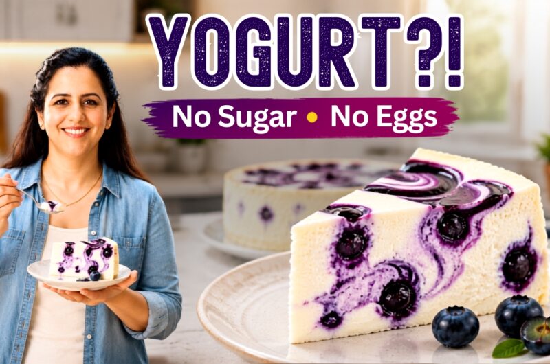 eggless baked yogurt cheesecake with blueberry swirl, no sugar