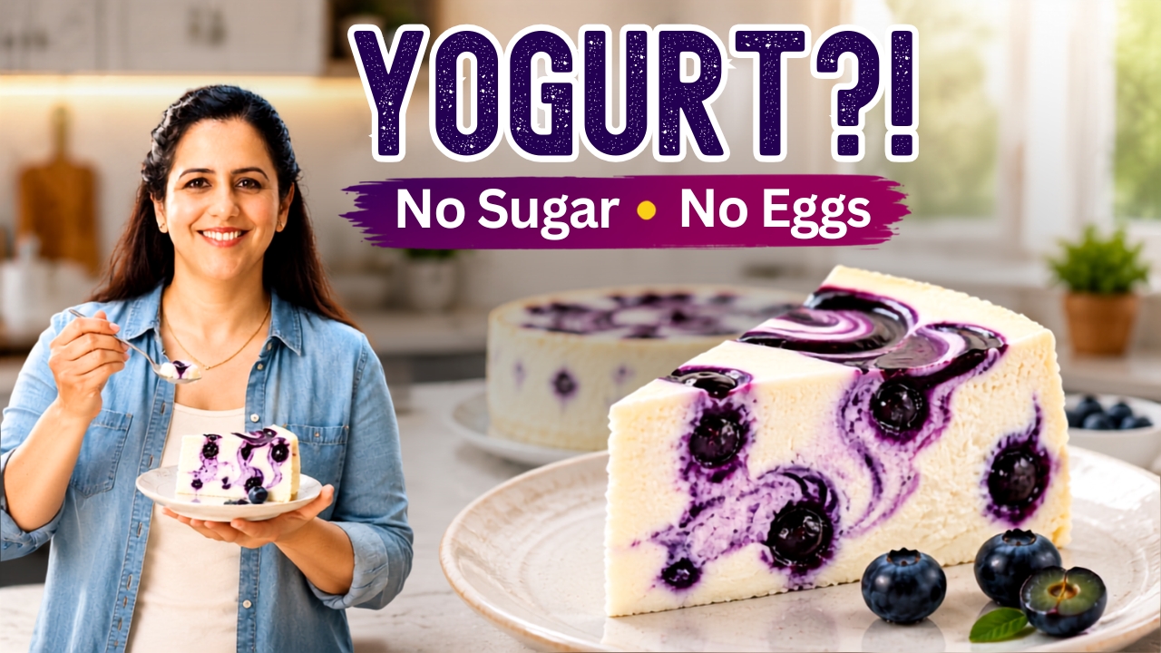 eggless baked yogurt cheesecake with blueberry swirl, no sugar
