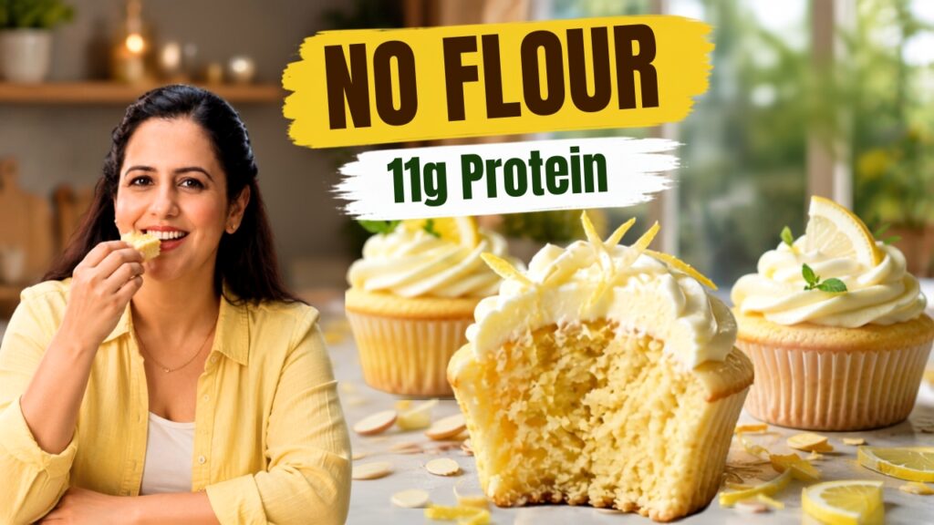 High protein lemon muffins on a wire rack, one split open to show a soft crumb