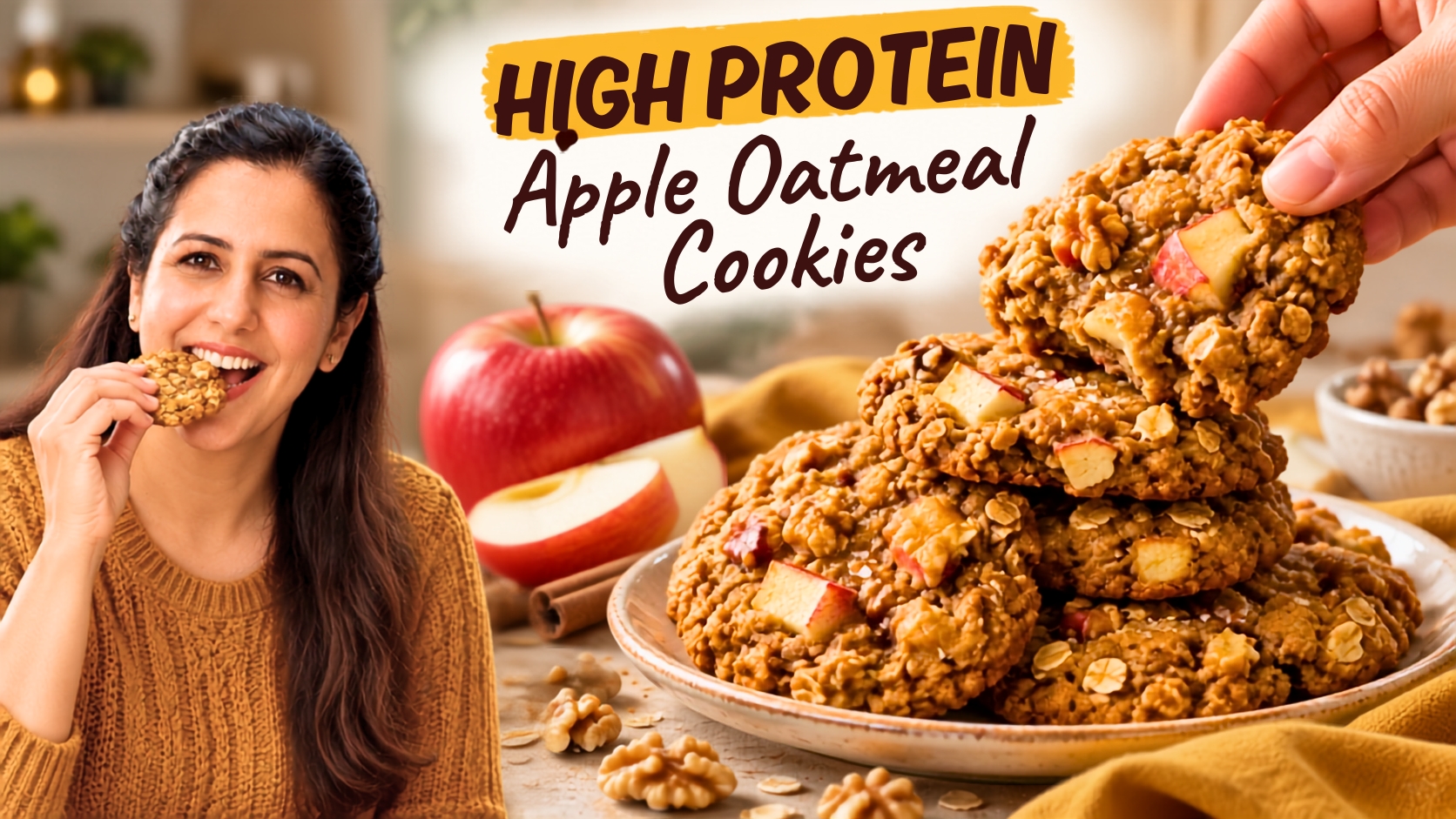 Soft high-protein apple oatmeal cookies with visible apple, raisins, and walnuts on parchment