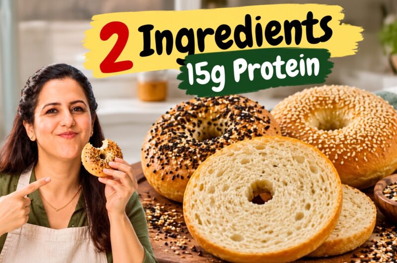 Golden Greek yogurt protein bagels topped with everything bagel seasoning on parchment