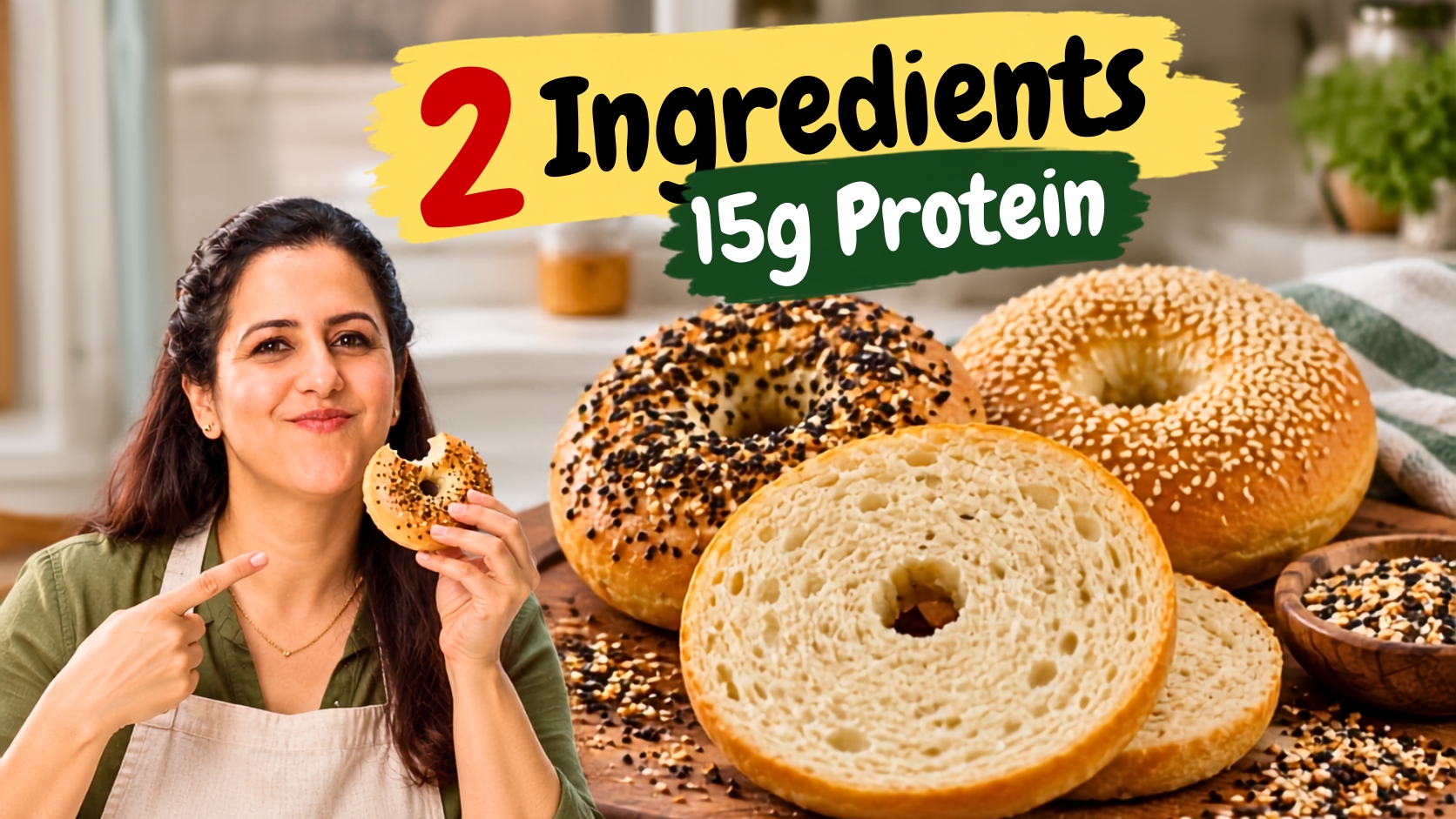 Golden Greek yogurt protein bagels topped with everything bagel seasoning on parchment