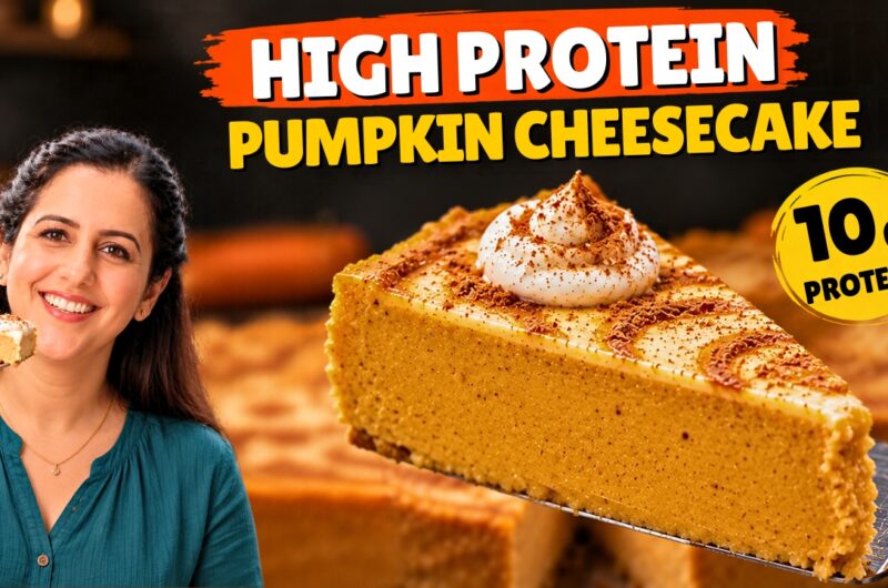 Slice of crustless pumpkin cheesecake made with Greek yogurt, topped with a cream swirl and a pinch of cinnamon