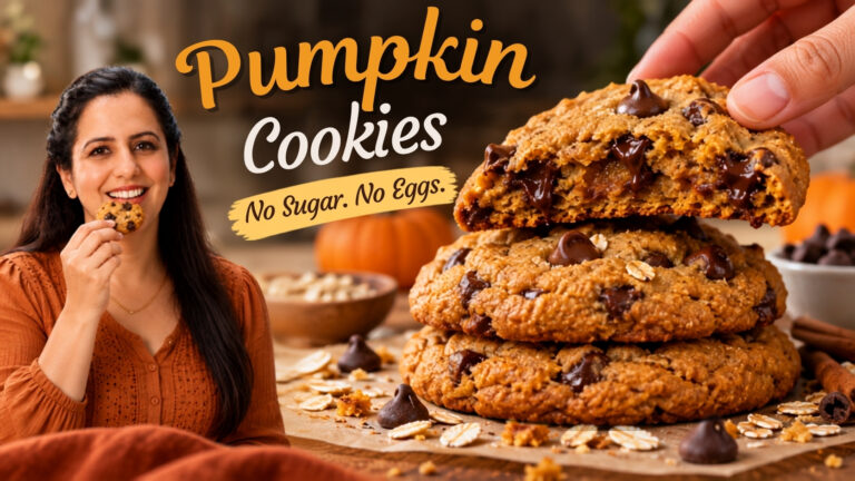 Soft healthy pumpkin cookies stacked on parchment with pumpkin spice and oats nearby