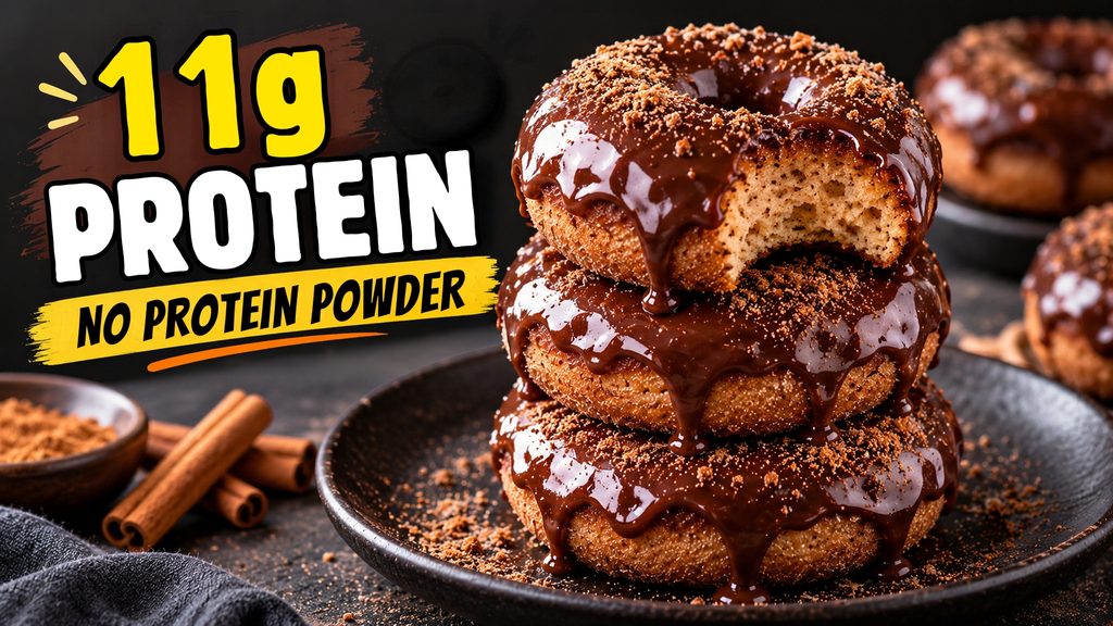 Stack of glazed high protein donuts made without protein powder on a dark plate