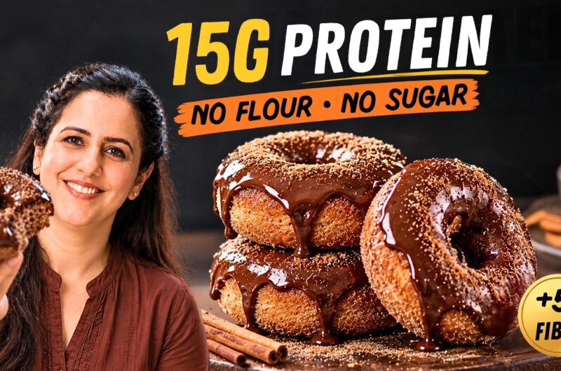 Stack of glazed high protein donuts made without protein powder on a dark plate