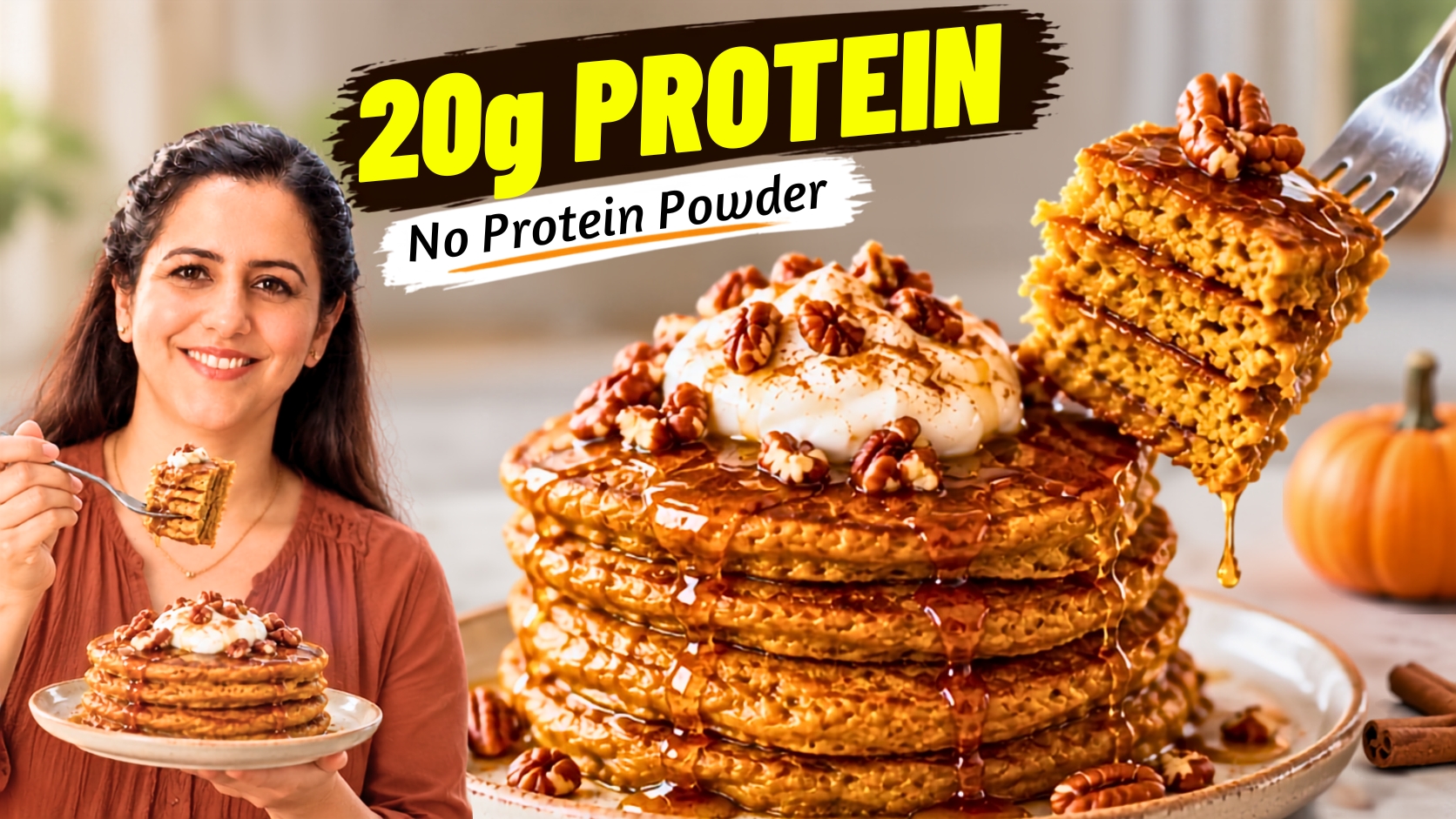 Stack of fluffy pumpkin protein pancakes topped with Greek yogurt and pecans, drizzled with maple syrup
