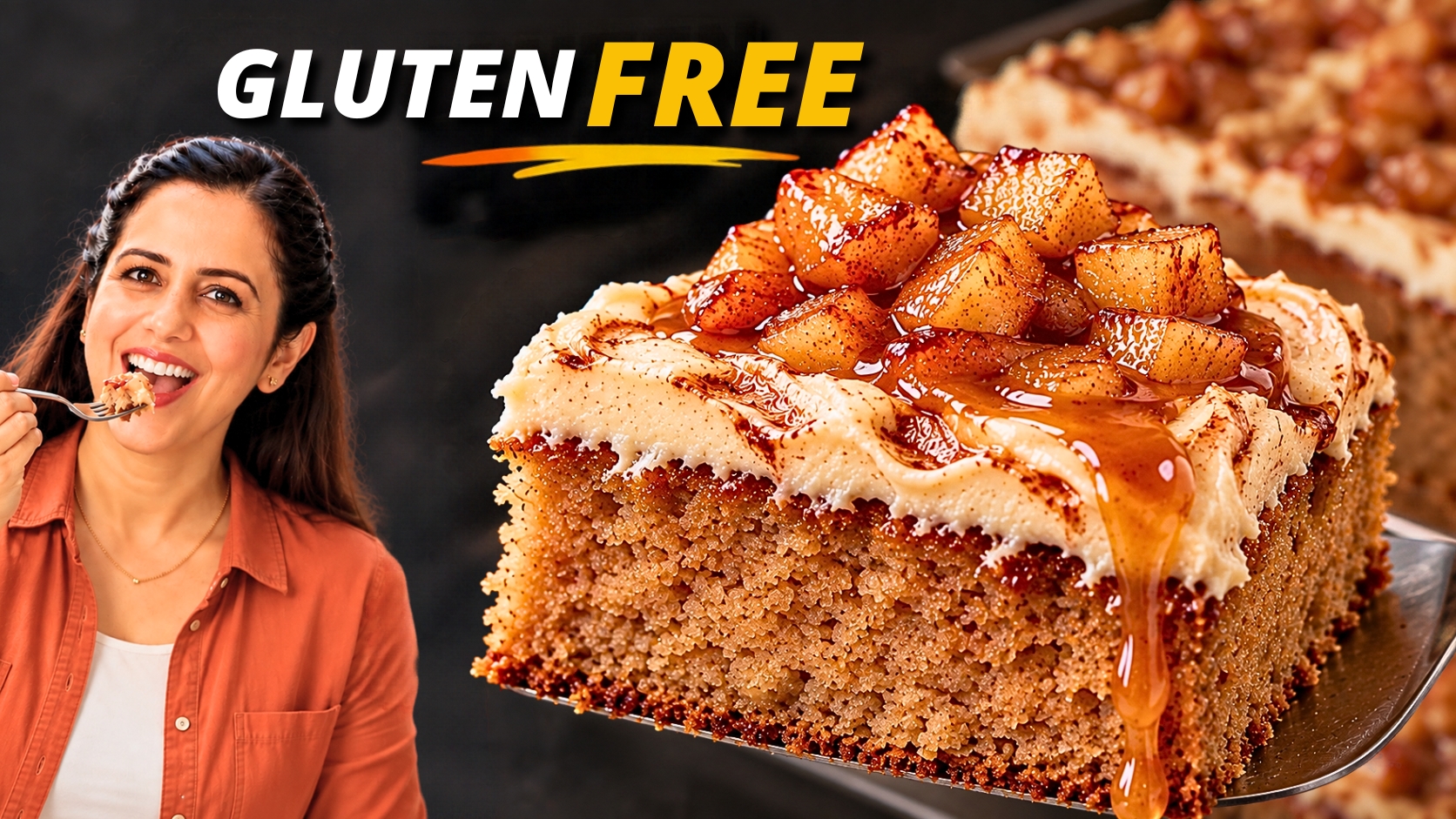 Square of gluten-free applesauce cake with Greek yogurt frosting, caramelized apple cubes and caramel drizzle on a cake server