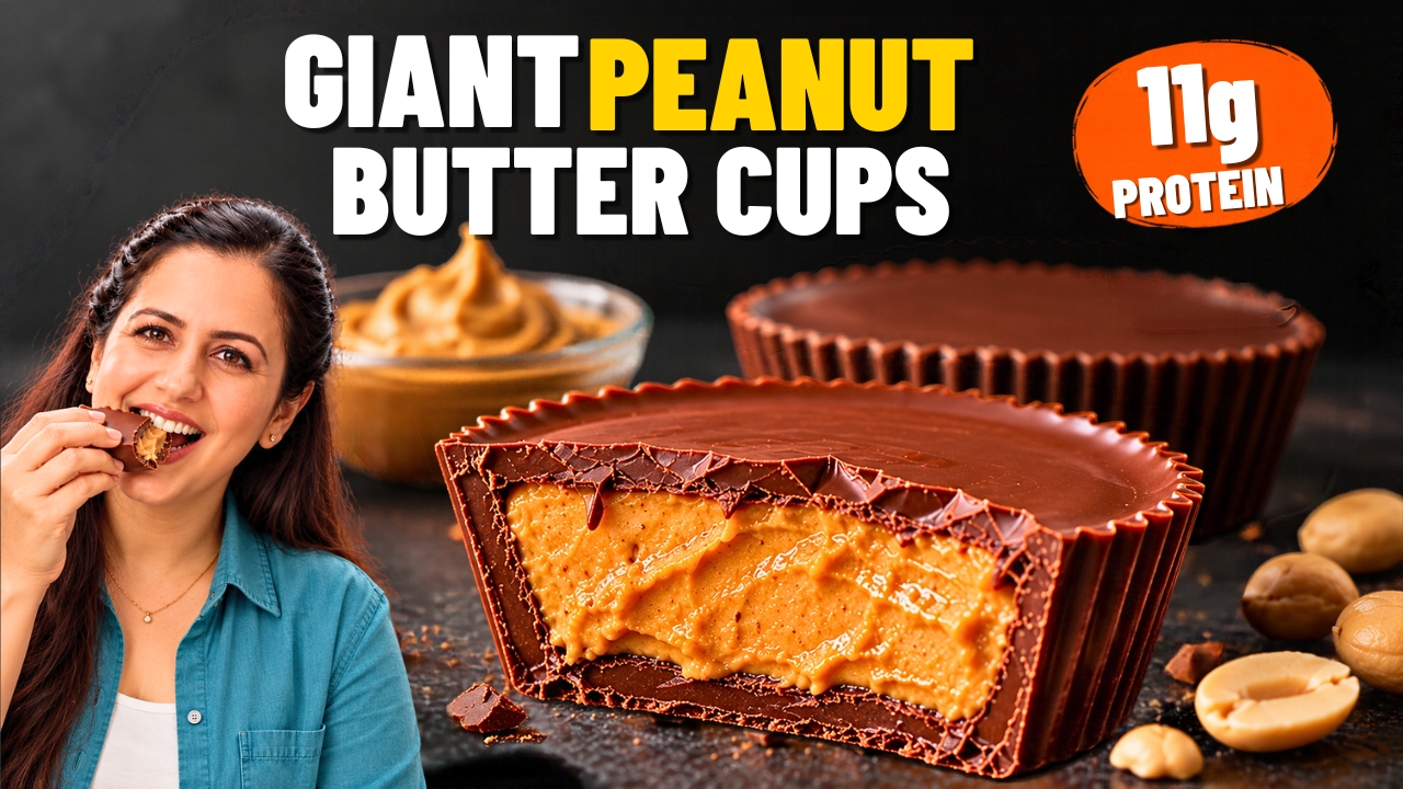 Giant healthy peanut butter cup cut in half showing a thick peanut butter filling inside a dark chocolate shell