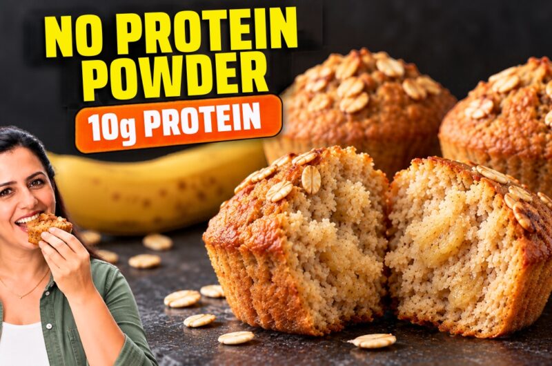 High protein banana muffins torn open to show the soft crumb