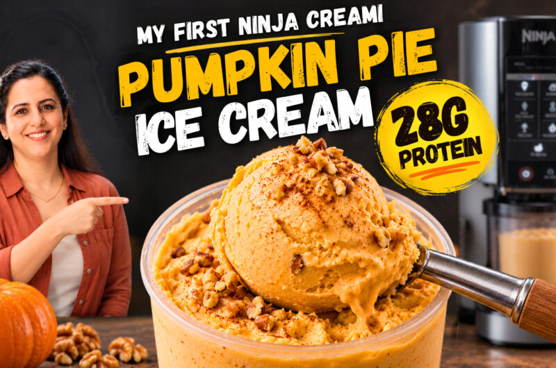 Scoop of pumpkin pie protein ice cream lifted from a Ninja Creami pint, dusted with pumpkin pie spice
